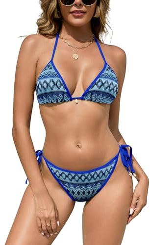 SHEKINI Women's Sexy Thong Bikini Set Colorblock Stripes Triangle Halter Tied Top High Cut Two Piece Bathing Suit