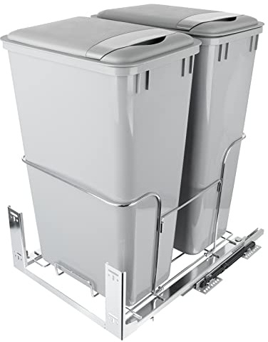 Pull-Out Trash Can, 50Qt Double Bins, Under Mount Waste Container with Soft-Close Slides, 176 lbs Load Capacity & Door-Mounted Brackets Garbage Recycling Bin with Lids for Kitchen Home Cabinet (2pack)