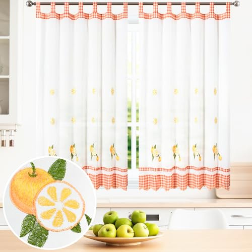 BOD HOME, 2 Piezas, Cortinas Blancas Translúcidas con Trabillas. Cortinas para Cocina, Diseños de Frutas y Tazas con Acabado de Color. Cortina Media Altura Hecha de Poliéster, 100x150cm (AnchoxAlto)