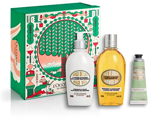L'OCCITANE - Estuche de Navidad Almendra - Velo de leche corporal, Aceite de ducha y Crema de manos - Fabricado en Francia
