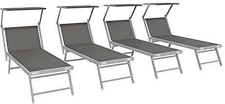 Set Da 4 Lettini Prendisole Professionale Pieghevole In Alluminio Tettino Parasole Tettuccio Orientabile Sdraio Lettino Prendi Sole 182 x 60 x 38 cm Mare Spiaggia Piscina Giardino (Grigio scuro)