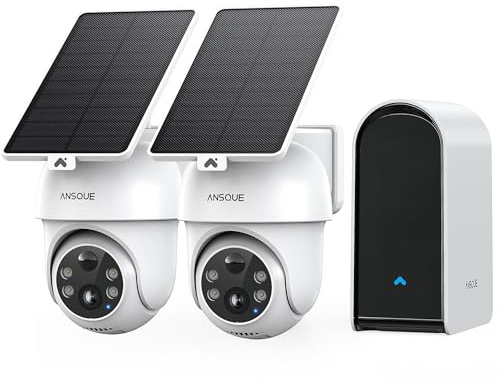 ANSQUE 2K Camera Surveillance WiFi Exterieure sans Fil Solaire à Batterie, Kit 2 Caméras avec Station de Base, Zéro Frais, PTZ 360°, Suivi Automatique, Vision Nocturne en Couleur, Alarme Lumière/Son
