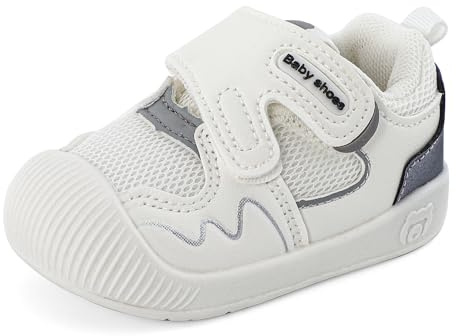 LACOFIA Babyskor flickor pojkar lära-gå-skor baby första skor med halkfri gummisula andas småbarn sneakers, Vit svart, 20 EU