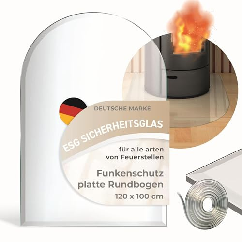 Funkenschutzplatte Glas Rundbogen 120x100cm – Glasplatte für Kaminofen - Kaminglas Zunge mit Dichtlippe - 8mm ESG Kamin Glasplatte mit Facettenschliff – Kaminschutz Feuerplatte für Kaminofen