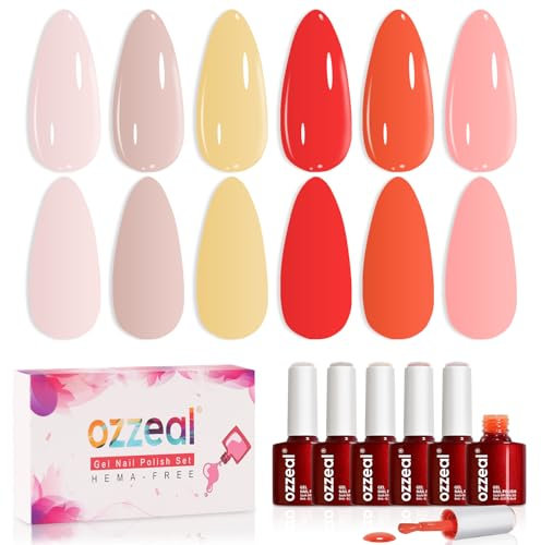 Ozzeal Nude x Coral Gel Nail Polish, Hema Free 6 Colors Beige Nude Pink Coral Orange Red Yellow Soak off U V Light Spring Summer Gel Polish Kit for Salon and Nail Art Design