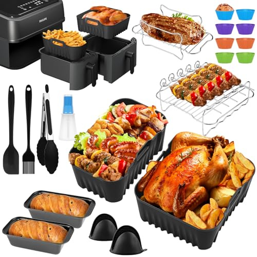 Heißluftfritteuse Zubehör für Philips Dual Basket Airfryer 5000/3000 Serie 6L/3L, Airfryer Silikonform Zubehör für Philips 5000, BPA-frei, Wiederverwendbares & Lebensmittelechtes (25 Stück)
