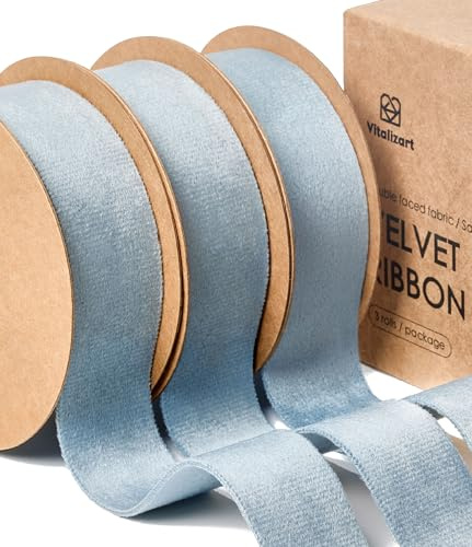 Vitalizart Dusty Blue Velvet Ribbon Set 1 Inch x 15 Yards, Double Faced Velvet Ribbon for Gift Wrapping, Christmas Ornaments, Wreath Decoration, Bows Making, Handmade Crafts