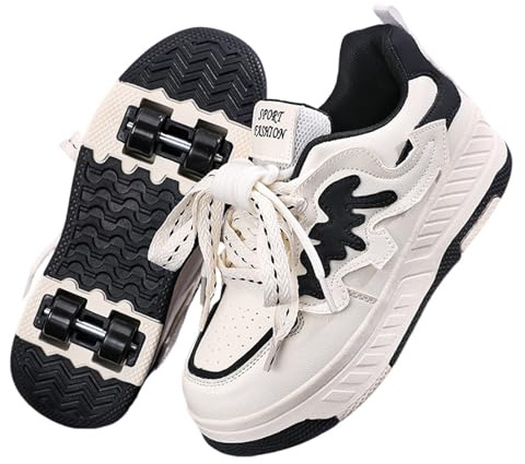Surwin Kids Roller Skate Shoes for Girl Boy, Bow-Knot Four Wheels Trainer Roller Skates Adult Teenager Unisex with Retractable Rear Wheels, Lightweight Outdoor Running Sneakers (Black,4)