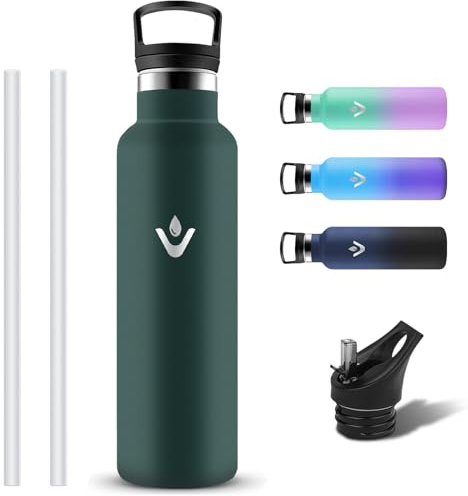 Grsta Botella Agua Acero Inoxidable, Botella Termica 1 litro a Prueba de Fugas, Sin BPA Cantimplora Termica con 2 Tapones, Reutilizable Termo con Pajita y Filtropara Colegio, Exterior, Cámping