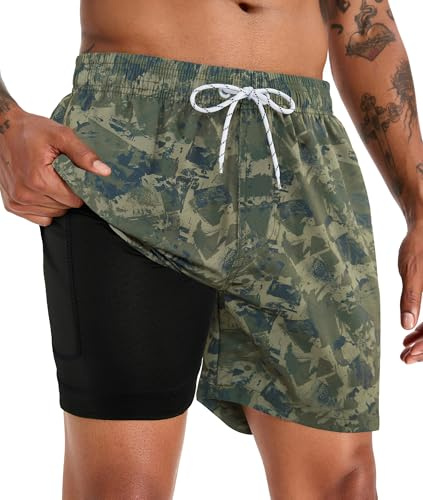 APTRO Herren Badehose Badeshorts Schwimmhose Board Shorts Kurz Schnelltrocknend 2 in 1 Strand Shorts mit Innenhose Grün Camouflage MK59 L