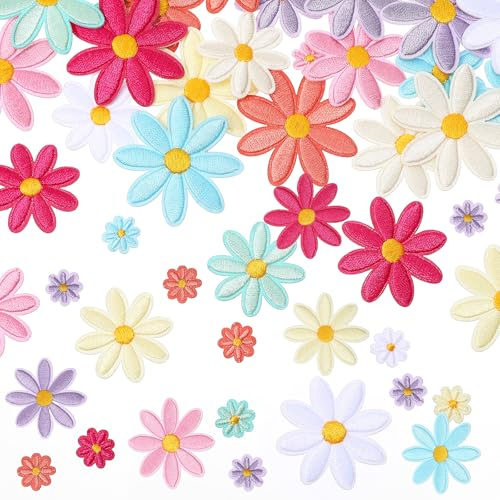 YBEATY 36 PCS Daisy Flower Iron on Patches Cute Daisy Sewing Patches Clothing Embroidered Sew on Applique Repair Patch for Women Girls Bags Pants Hats Backpacks Jackets Jeans Clothes DIY Decoration