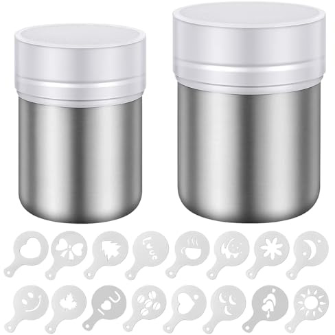 2 Stück puderzuckerstreuer, Puderzuckermühle, Kakaostreuer, Mehlstreuer Und 16 Druckformen, Ideal für Kakao, Kaffee, Salz, Puderzucker, Schokolade, Zucker, Mehl