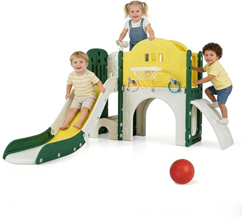 DREAMADE 9 en 1 Toboggan Enfants, Centre d'Activités avec Télescope, Panier de Basket, Toboggan, Tunnel pour Ramper, Aire de Jeux Intérieure pour Enfants 18+ Mois (9 en 1 Toboggan)