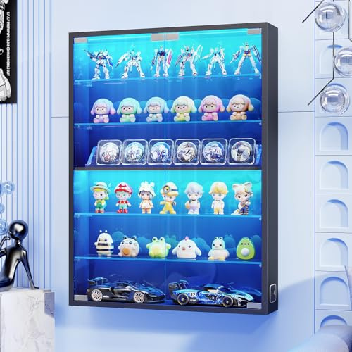 BROTTAR Wall Display Cabinet with 3 Color LED Lights & Glass Doors,Black