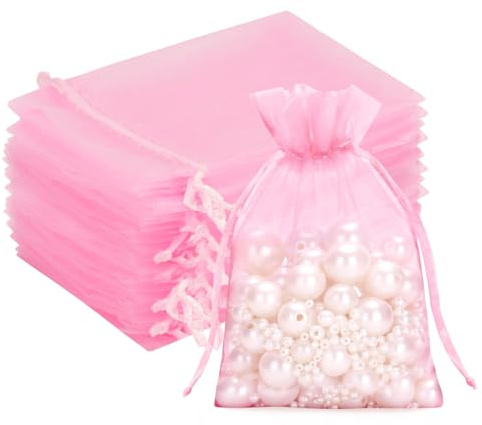 G2PLUS Pink Organza Gift Pouches 7x9 cm: 100 PCS Small Favour Bags