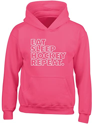 Hippowarehouse Eat Sleep Hockey Repeat kids children's unisex Hoodie hooded top Fuchsia Pink