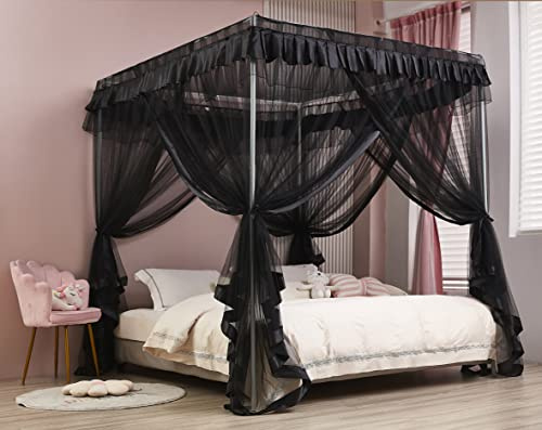 Mengersi Rideaux à baldaquin de lit à 4 Coins - Moustiquaire - Accessoires de décoration de Chambre à Coucher (Double, Noir)