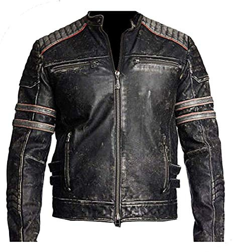 Aksah Fashion Veste de motard rétro en cuir vieilli pour homme Noir, L