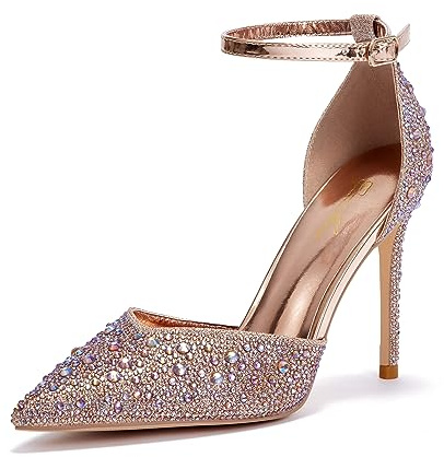 Zhabtuc Zapatos de Tacón Alto para Mujer 10 cm, Elegantes Tacones con Pedrería Brillante, Correa al Tobillo, Strass Oro Rosa, 39 EU
