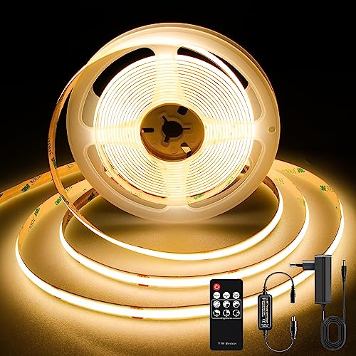 TTWAY COB LED Streifen 3M, 2700K Warmweiße LED Streifen mit Netzteil und Fernbedienung, DC24V LED Strip, 480LEDs/M, CRI 92+, 8mm Breite, Dimmbare Light Strips für die Schlafzimmerdekoration