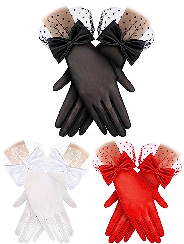 Geyoga 3 Paar Damen Spitzenhandschuhe Schleife Tee Party Handschuhe Seide Elegante Hochzeit Gotisch Handschuhe für Beerdigung Halloween Party Cosplay
