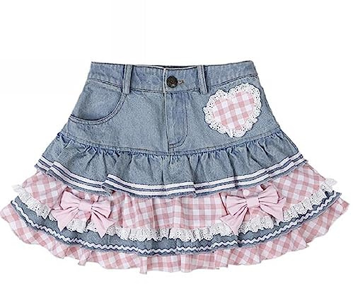 Preppy Lolita Kawaii Faldas Dulce Mini Mujer Lindo Vestido de Baile Falda de Mezclilla Y2K Cintura Alta Falda de Pastel de Encaje, Azul, M