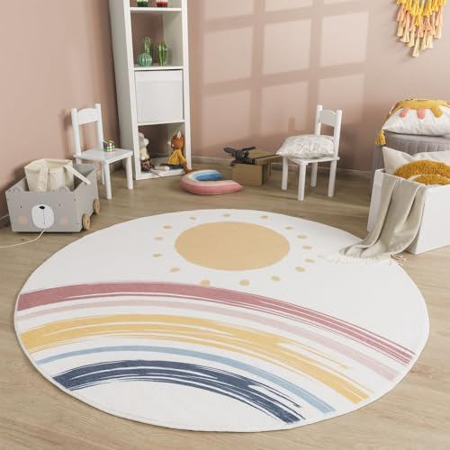 TT Home Babyzimmer Teppich Rund Kinderzimmer Waschbar Regenbogen Sonne, Farbe:Blau Gelb Pink, Größe:100 cm Rund