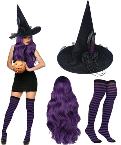 Booson Juego de 3 disfraces de bruja de Halloween con sombrero de bruja puntiagudo negro, peluca de cosplay morado oscuro y medias de nailon a rayas para mujeres y niñas, accesorio de disfraz de