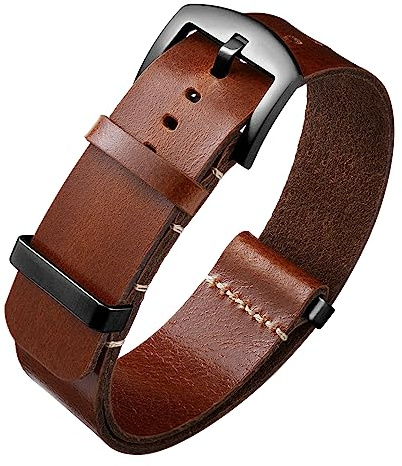 BINLUN Bracelets de Montres en Cuir Remplacement Bracelet pour Montre en Cuir Huilé Crazy Horse 18mm 19mm 20mm 21mm 22mm 24mm Bracelets en Une Seule Pièce pour Homme et Femme avec Boucle Argent/Noir