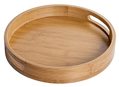 Eabdice Marrón Bandeja de Bambú, Bandeja Decorativa Redonda, Bandeja de Servicio Redonda con Asas, Aplicar para Servir Café, Té, Frutas