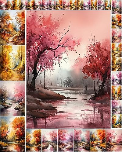 Decoupage Paper Pack (35 Sheets 6x8) Gorgeous Tranquil Pink and Orange Landscape of Woody Streams FLONZ Vintage Illustration Pictures Cards for Decoupage, Craft and Scrapbooking