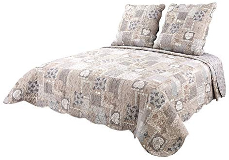 Autrefois Boutis Patchwork Lin Belle Saison- Dessus de lit 230x250 cm avec 2 Taies d'oreiller 65x65 cm, Couvre-lit Matelassé 2 Personnes, Dessus de lit Motifs Cœurs