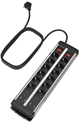 UCOMEN Steckdosenleiste 12-Fach mit 2 USB C + 4 USB A und Überlastschutz, 2m Verlängerungskabel, Doppelschalter, 12 Fach Mehrfachsteckdose für Schreibtisch, Besprechungsraum, Café, 16A/3680W