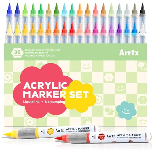 Arrtx Marcadores acrílicos de 36 colores, punta de pincel, marcadores de pintura acrílica, juego de bolígrafos de pintura para pintura de roca, vidrio, piedra, madera