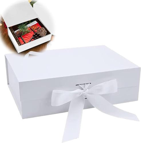 Caja de regalo con lazo, caja de regalo magnética con tapa, para cumpleaños, Navidad, caja de embalaje de regalo reutilizable, día de San Valentín (blanco)