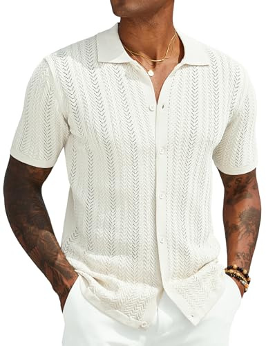 COOFANDY Short Sleeve Button Down Men Knit Shirts for Men Casual Button Up Summer Beach Vintage Fashion Shirts Cream Large