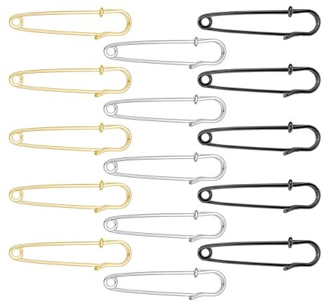 15 Stück Sicherheitsnadeln Groß,Große Sicherheitsnadel Safety Pins EIN Kilt Maschenmarkierer Kiltnadel Set Gold Schwarz Silber Metall Anstecknadeln,für Leinwand Pin Schleppennadel Brautkleid Brosche