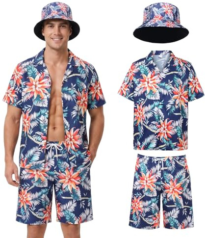 Antsparty Mens Hawaiian Shirt and Shorts Set, Men's Flower Hawaiian Sets with Bucket Hat, Summer Festival Outfit Men Casual Beach Holiday Fancy Dress