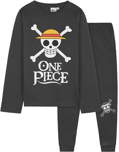 One Piece Schlafanzug Jungen Lang, Pyjama Set mit T-Shirt Kinder Pyjama Hosen, Loungewear Set, Anime Geschenke für Jungs (7-8 Jahre, Grau)