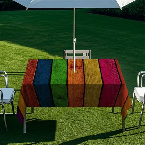 Morbuy Mantel Mesa Rectangular con Agujero para Sombrilla, Estilo Tablero de Madera 3D Mantel Impermeable Antimanchas Exterior Jardin para Decoración Fiesta Cocina (Colorido,213x152cm)