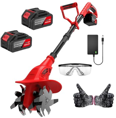 21V Cordless Electric Tiller for Gardening, 360 RPM Garden Tiller with 2×4.0AH Batteries & Charger, 9 Width, 6.3 Depth, Battery Powered Mini Cultivator, Portable Rototiller for Lawn Soil Cultivation