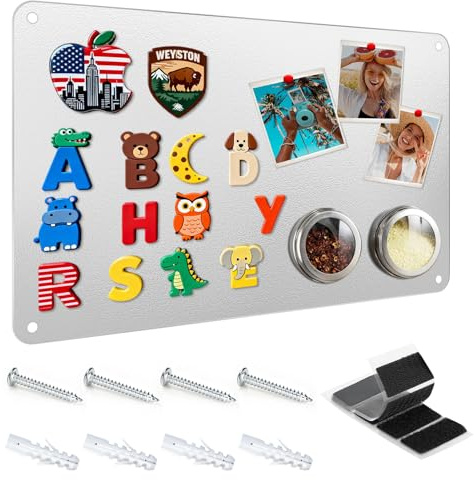 Freyeeti Tableau Magnétique Mural, Plaque Aimantee pour Magnets, 42x30cm plaque magnétique Argenté, Cadre en Aluminium, Acier Inoxydable, Autocollant, Pour Bureau, Cuisine, Réfrigérateur (Argenté)