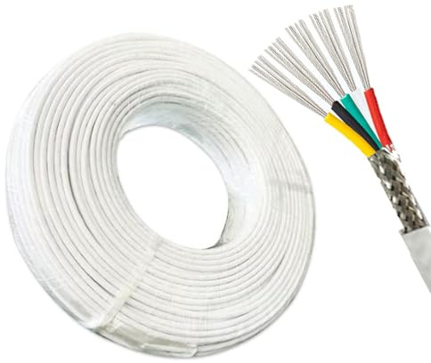 300 Ft 5-ledare 0,12–0,35 Mm² PTFE-skyddad Strömkabel (hel Rulle), Silverpläterad Kopparkärna, Flätad Silveravskärmning, 300/600 V(0.2mm²)