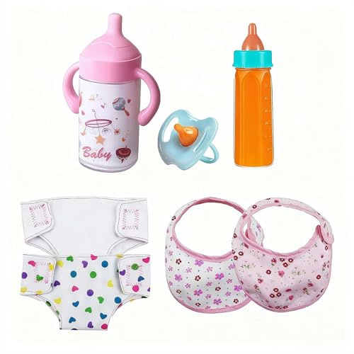 7 Pcs Baby Doll Accessories Set Include Disappearing Milk and Juice Bottles, Pacifier, Bibs, Diapers, Baby Doll Feeding Set, Toy Bottles for Dolls for Girls Christmas Birthday Gift