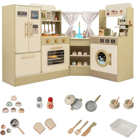 COSTWAY Cuisine d’Angle Enfants en Bois avec 21 Accessoires et Réfrigérateur, Cafetière, Lave-Vaisselle, Jeu de Cuisine Enfant avec Micro-Ondes et Grille-Pain, Tableau Noir pour 3 Ans+