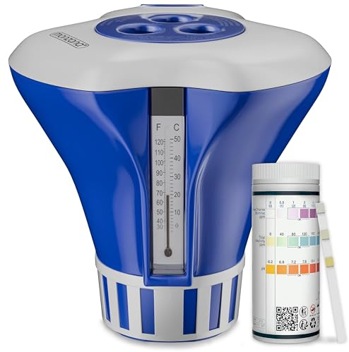 MONZANA® Dispensador Cloro Piscina para Tabletas de 20-200 g Incluye 150 Tiras Reactivas 3 en 1 PH Dosificador Flotante con Termómetro Resistente Rayos UV Duradero