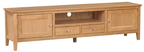 Hallowood Furniture Hereford Oak Long TV Unit, Wooden TV Stand Cabinet with 2 Drawers and Cupboards, Large Light Oak Media Unit Storage, Bedroom or Living Room Furniture