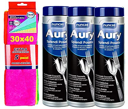 NUNCAS SET 3 PEZZI AURY SPLENDI POSATE 500 ML + pacco 5 pezzi panni microfibra 30x40