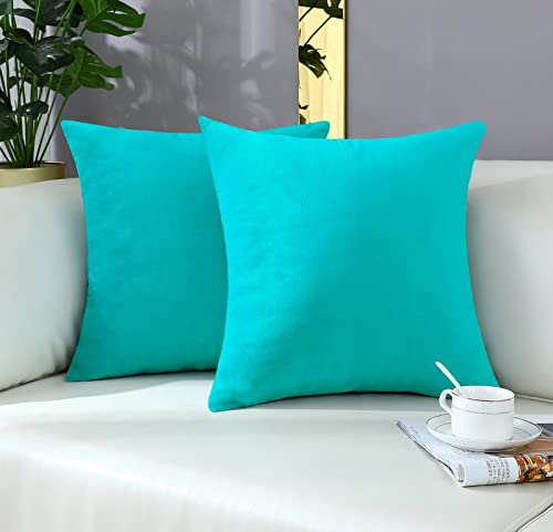 Mixeoo Bequeme Türkisfarbene Wurfkissenbezüge Dekorative Quadratische Solide Dicke Samt Super Weiche Kissenbezüge Home Decor für Sofa Couch Wohnzimmer Stuhl, 2er-Set, 40,6 x 40,6 cm