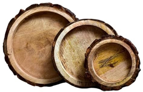 10 Inch Tree Bark Serving Tray,3 Round Wood Slab Varnished with Bark Edges, Rustic Centerpiece for Weddings Or Homes, Natural Wood Tree Trunk Platter, Serve Meats, Cheeses, Or Crackers Set of 3